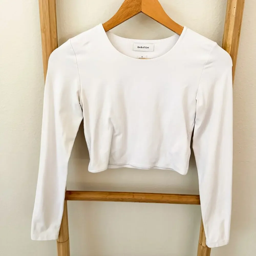 Aritzia Babaton Long Sleeve Crew Neck Crop Top White Double Layer Stretch Small